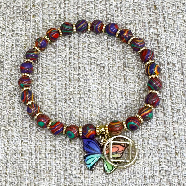 Narcotics Anonymous Butterfly Charm Bracelet and Earrings Set: Rainbow Enamel Jewelry