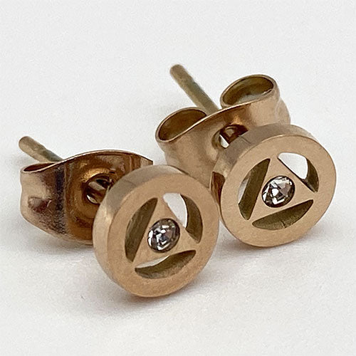 Alcoholics Anonymous - Rose Gold Stainless Steel Stud Earrings with Crystal - Hypoallergenic