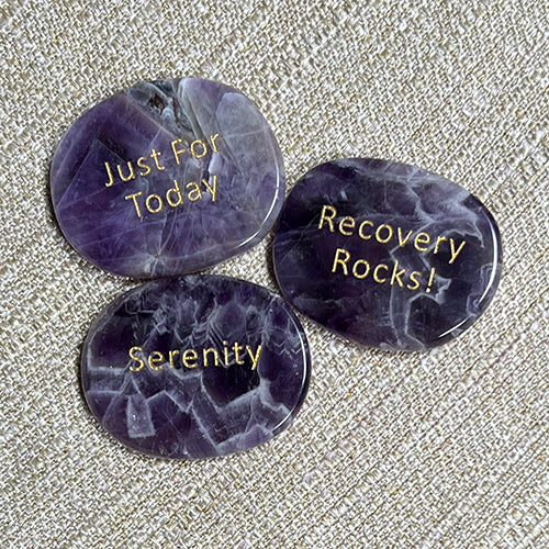 Inspirational Word Pocket Stone - Amethyst - Serenity, Just for Today, Recovery Rocks