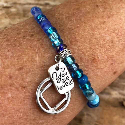 Narcotics Anonymous - "Higher Power" Ocean colored Czech beads stretch bracelet - "You are loved"