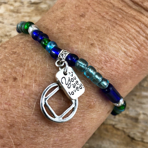 Narcotics Anonymous - Blue Green Czech beads stretch bracelet - "You are loved"
