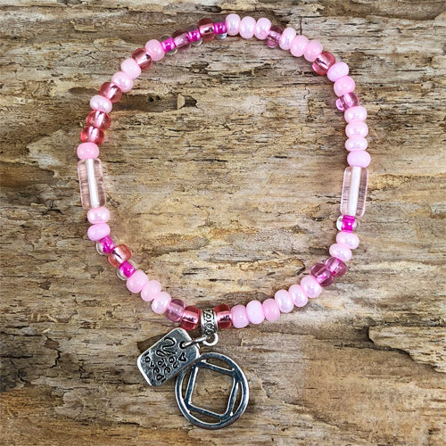 Narcotics Anonymous - "Higher Power" Pink colored Czech beads stretch bracelet - "You are loved"