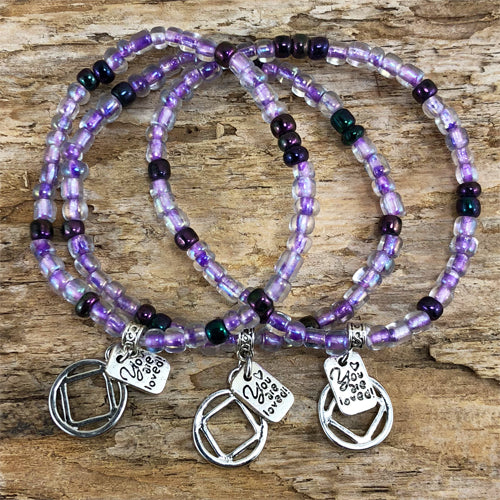 Narcotics Anonymous - "Higher Power" Purple colored Czech beads stretch bracelet - "You are loved"