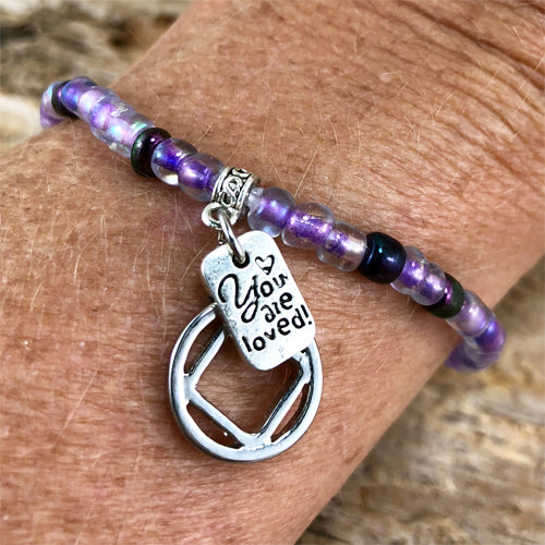 Narcotics Anonymous - "Higher Power" Purple colored Czech beads stretch bracelet - "You are loved"