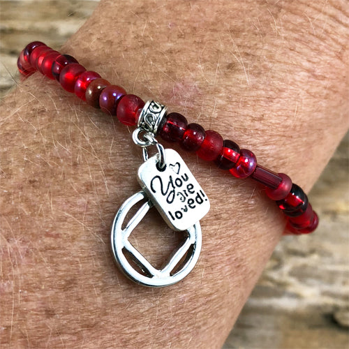Narcotics Anonymous - "Higher Power" Red colored Czech beads stretch bracelet - "You are loved"