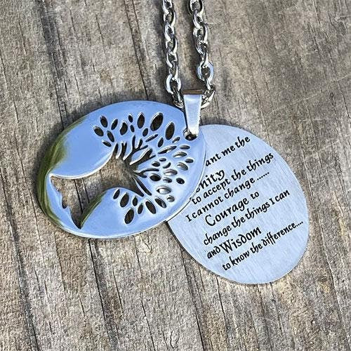 Tree of Life Pendant, Serenity Prayer Pendant, Stainless Steel Pendant, 12 Step Recovery, Serenity Pendant, Sobriety Gift