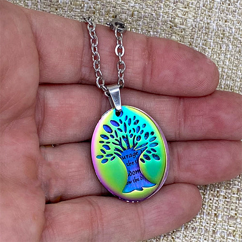 Tree of Life - Serenity Prayer Stainless Steel Pendant - Rainbow Anodized