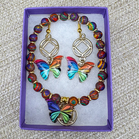Narcotics Anonymous Butterfly Charm Bracelet and Earrings Set: Rainbow Enamel Jewelry