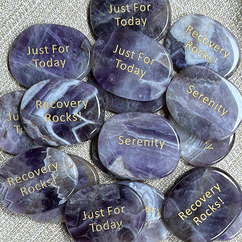 Inspirational Word Pocket Stone - Amethyst - Serenity, Just for Today, Recovery Rocks