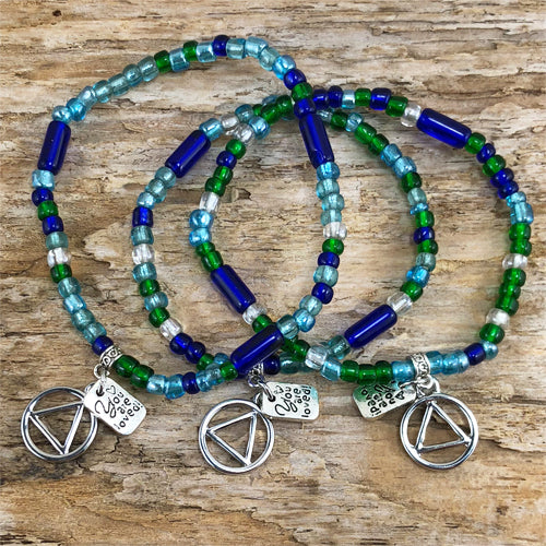 Alcoholics Anonymous - Blue Green Czech beads stretch bracelet - "You are loved"