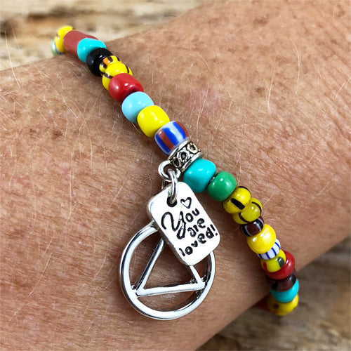 Alcoholics Anonymous -  "Higher Power" Multi colored African beads stretch bracelet - "You are loved"