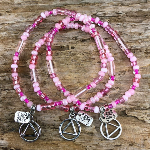 Alcoholics Anonymous -  "Higher Power" Pink colored Czech beads stretch bracelet - "You are loved"