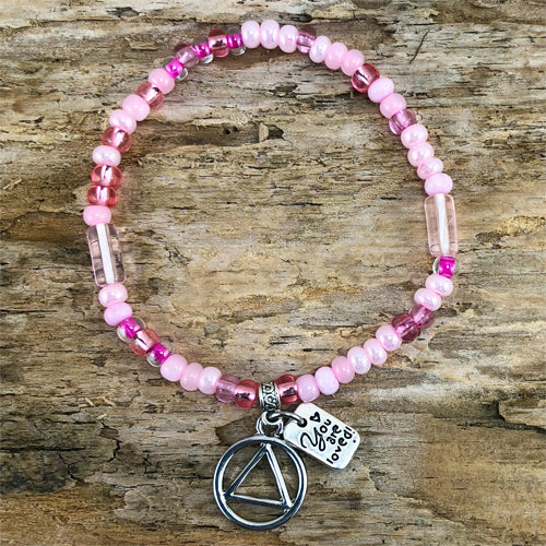 Alcoholics Anonymous -  "Higher Power" Pink colored Czech beads stretch bracelet - "You are loved"