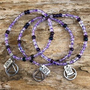 Alcoholics Anonymous -Purple Czech beads stretch bracelet - "You are loved"