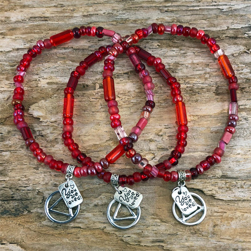 Alcoholics Anonymous -  "Higher Power" Red colored Czech beads stretch bracelet - "You are loved"