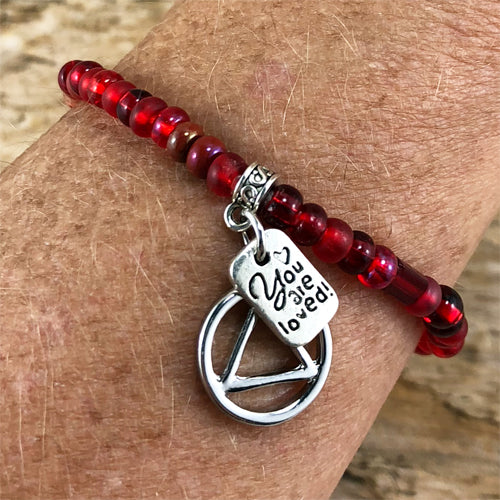 Alcoholics Anonymous -  "Higher Power" Red colored Czech beads stretch bracelet - "You are loved"