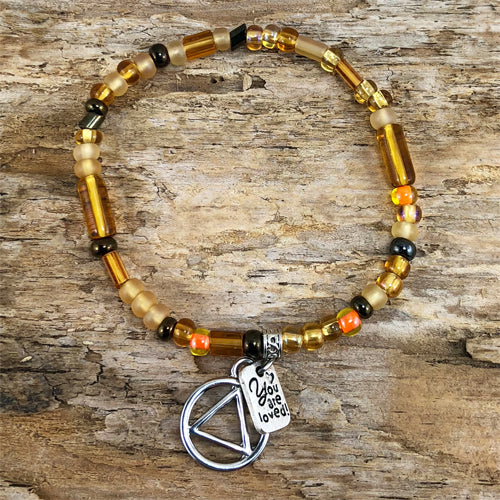 Alcoholics Anonymous -  Golden Yellow Czech beads stretch bracelet - "You are loved"