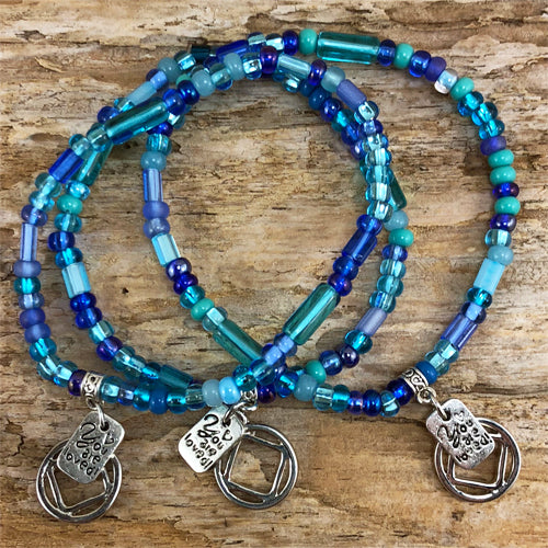Narcotics Anonymous - "Higher Power" Ocean colored Czech beads stretch bracelet - "You are loved"