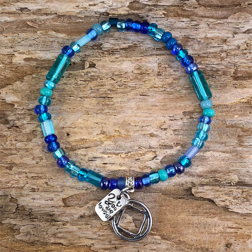 Narcotics Anonymous - "Higher Power" Ocean colored Czech beads stretch bracelet - "You are loved"