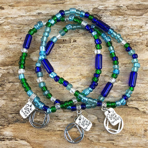 Narcotics Anonymous - Blue Green Czech beads stretch bracelet - "You are loved"