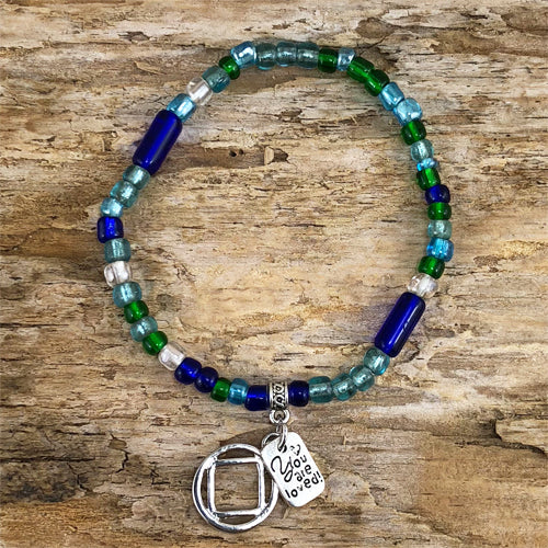 Narcotics Anonymous - Blue Green Czech beads stretch bracelet - "You are loved"