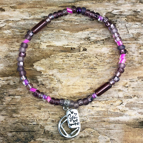 Narcotics Anonymous - Plum Czech beads stretch bracelet - "You are loved"