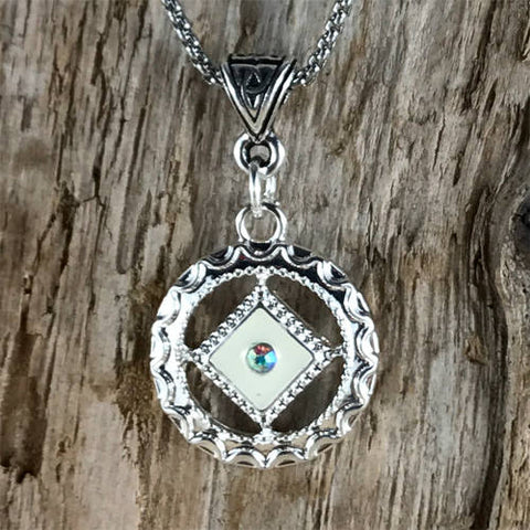 Recovery Jewelry, Narcotics Anonymous Cream Cloisonné Enameled Pendant with Fire Opal Crystal, Sobriety