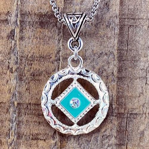 Recovery Jewelry, Narcotics Anonymous Teal Cloisonné Enameled Pendant with Fire Opal Crystal, Sobriety