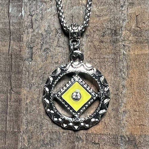 Recovery Jewelry, Narcotics Anonymous Yellow Cloisonné Enameled Pendant with Crystal, Sobriety