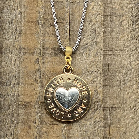 "Faith Hope and Love" Gold and Silver Heart Pendant