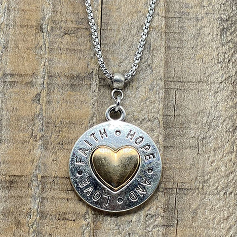 "Faith Hope and Love" Silver and Gold Heart Pendant